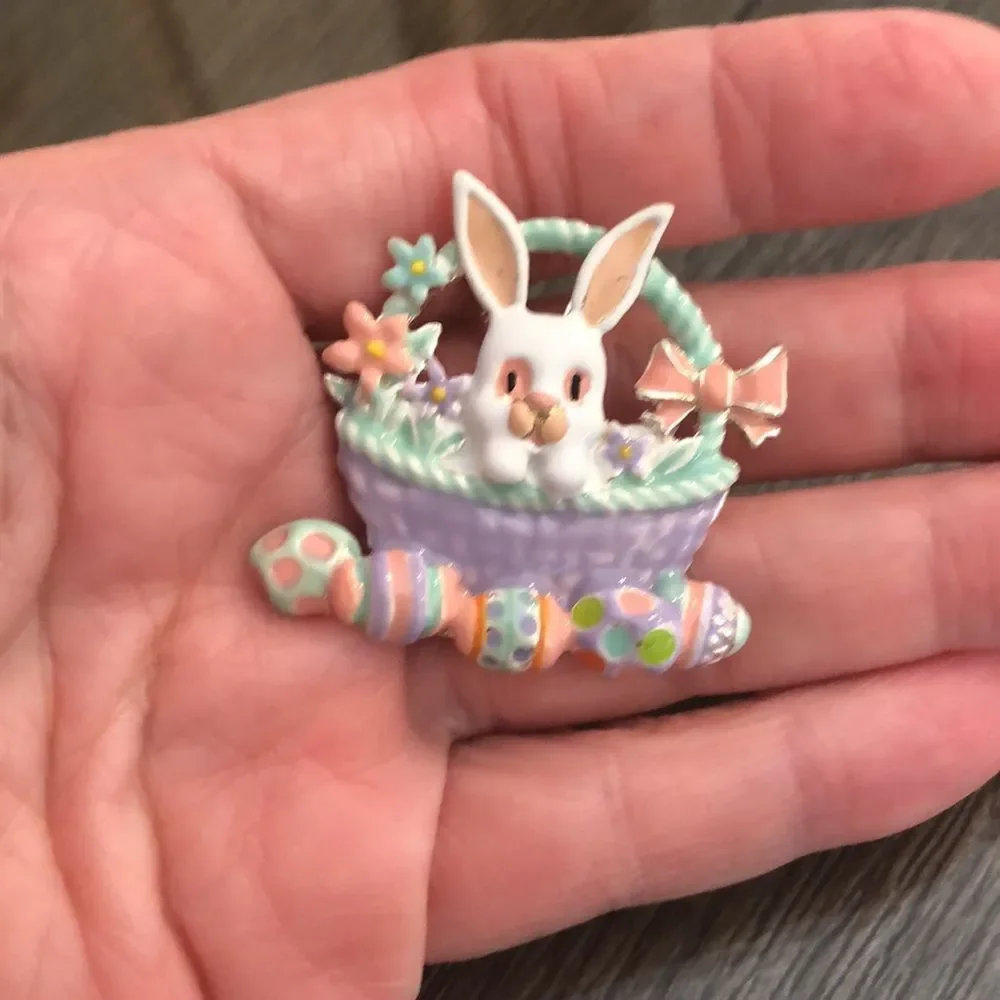 Rabbit in Easter Basket Silvertone & Enamel Easter Pin / Pendant